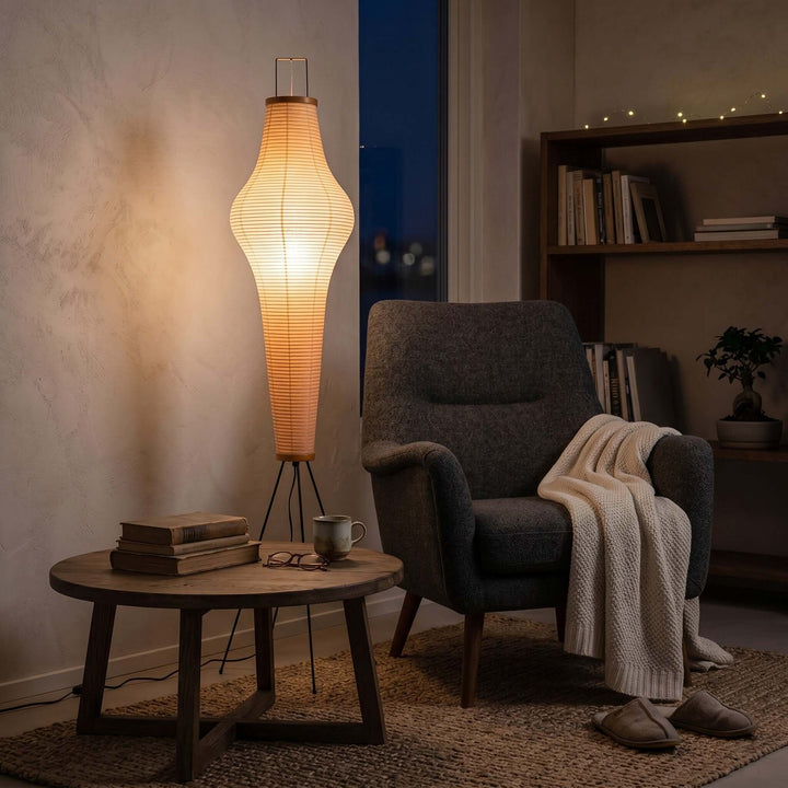 Washi Paper Column Floor Lamp illuminated reading nook