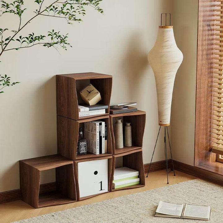 Washi Paper Column Floor Lamp beside wood shelving