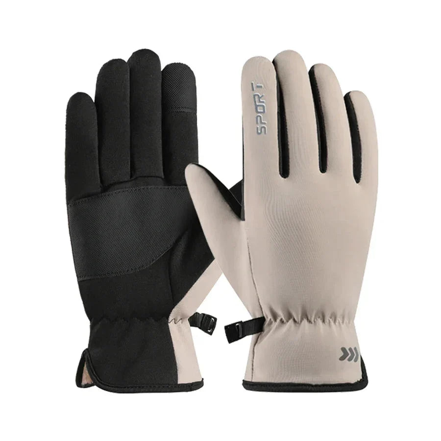 Black and Beige Water-Repellent Touchscreen Ski Gloves front and palm view
