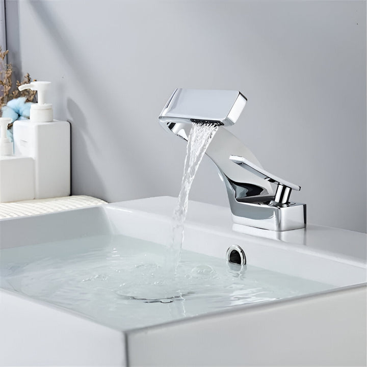 Waterfall Brass Bathroom Faucet installed on vanity lifestyle
