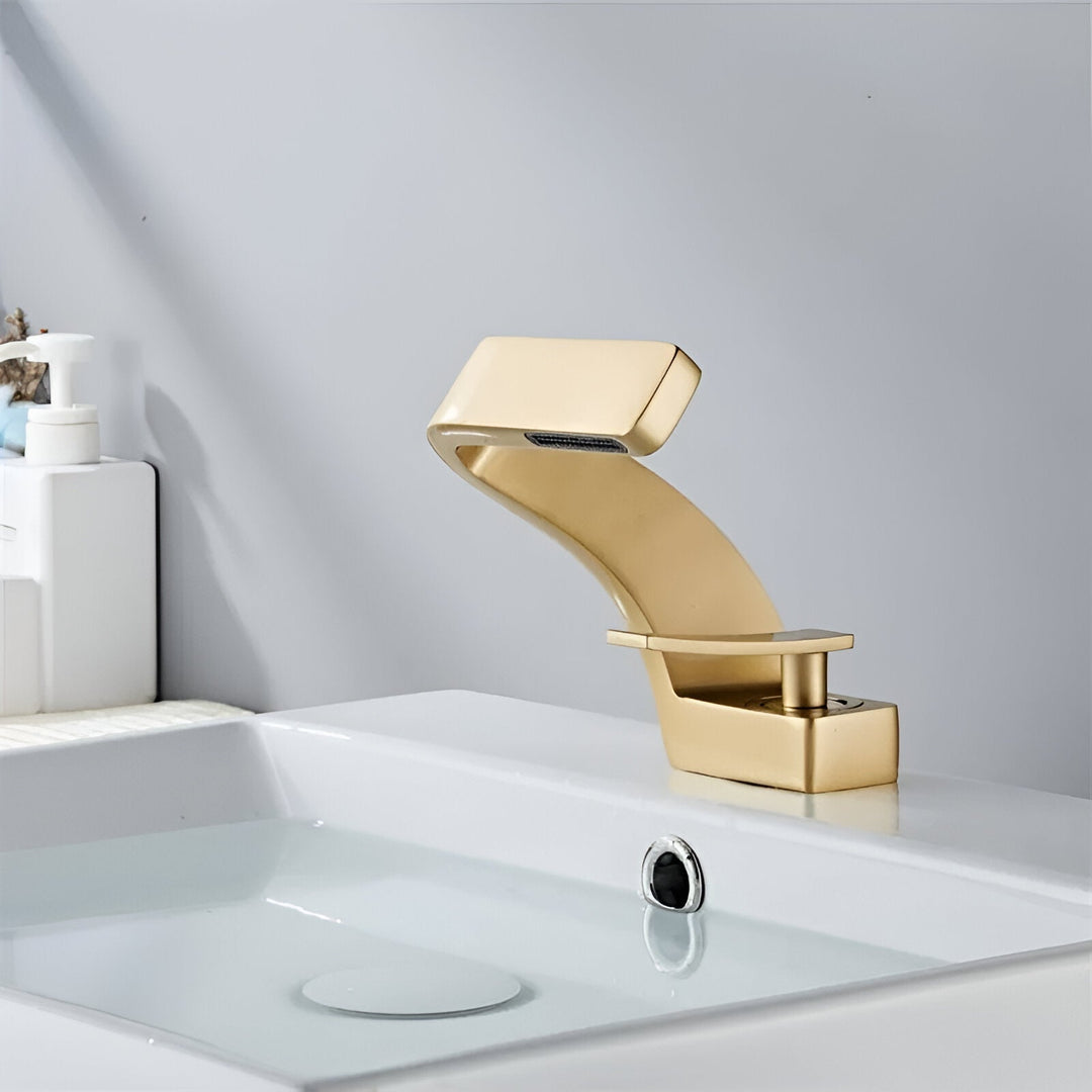 Brushed Gold Waterfall Brass Bathroom Faucet front view
