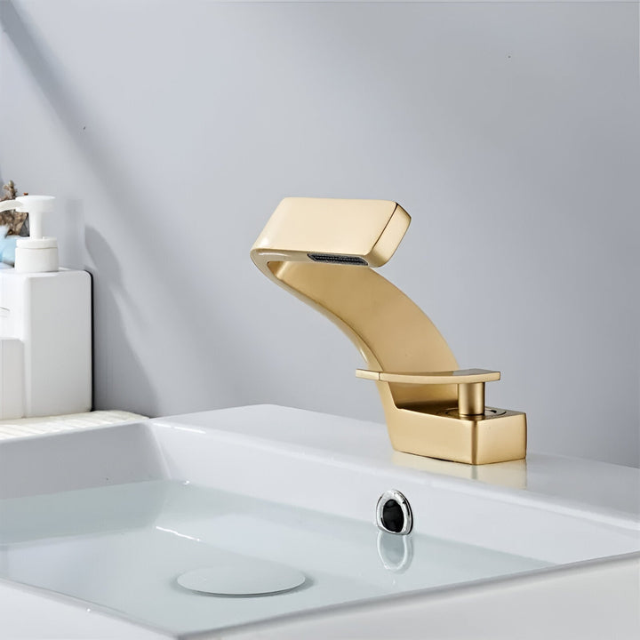 Brushed Gold Waterfall Brass Bathroom Faucet front view