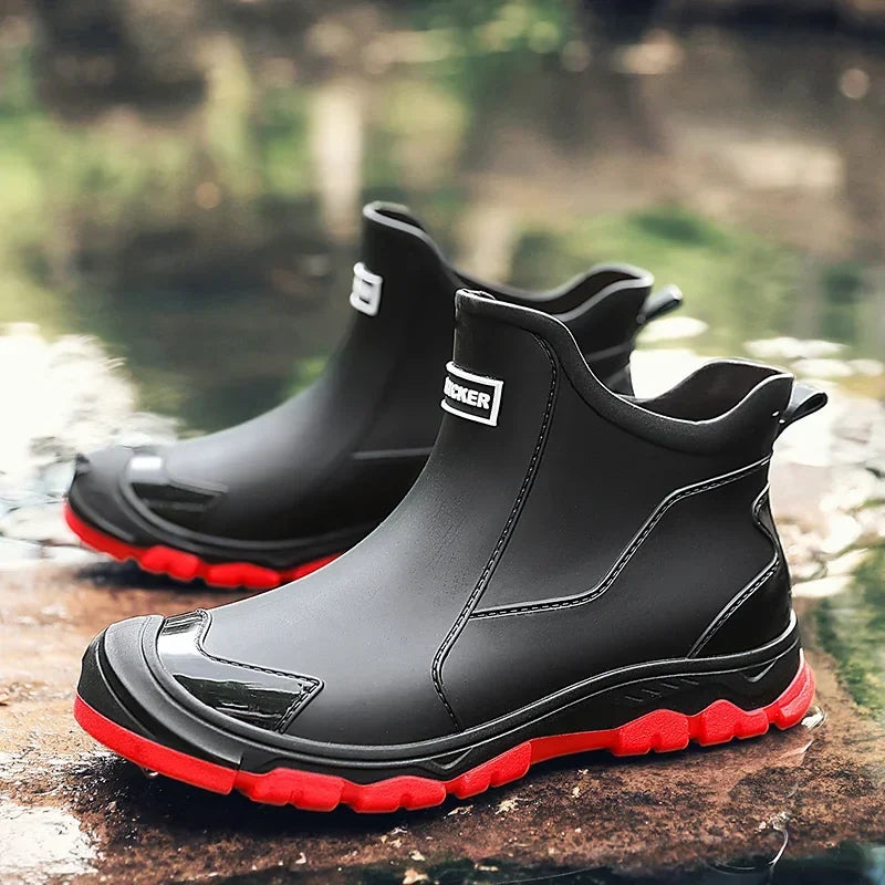 Classic Black and Red Waterproof Ankle Rain Boots pair outdoor view