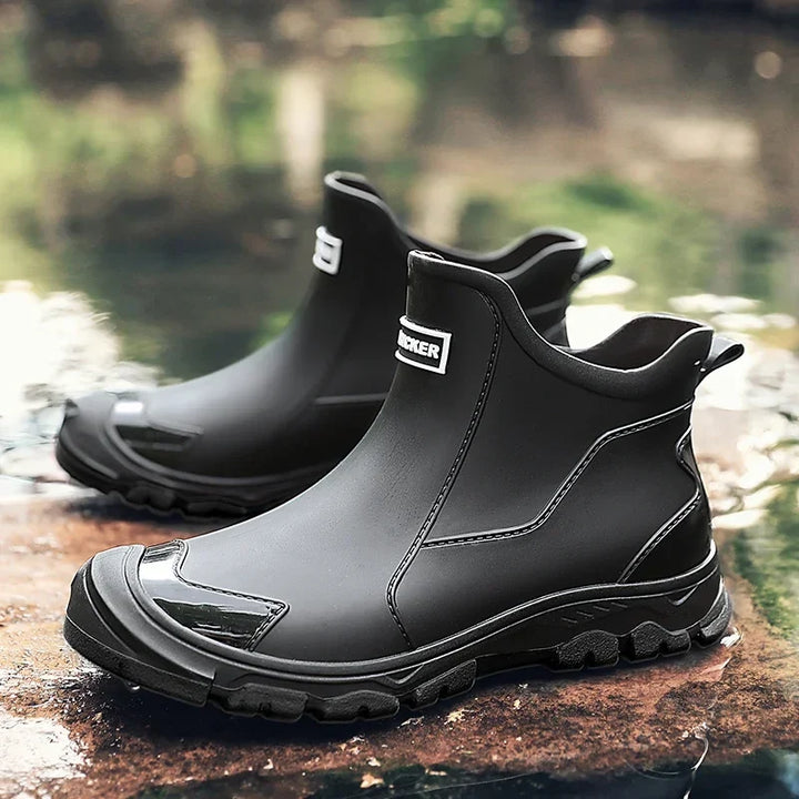 Stealth Black Waterproof Ankle Rain Boots pair view