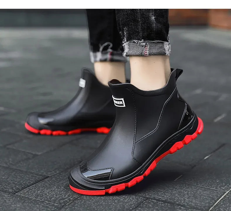 Classic Black and Red Waterproof Ankle Rain Boots on-foot front view