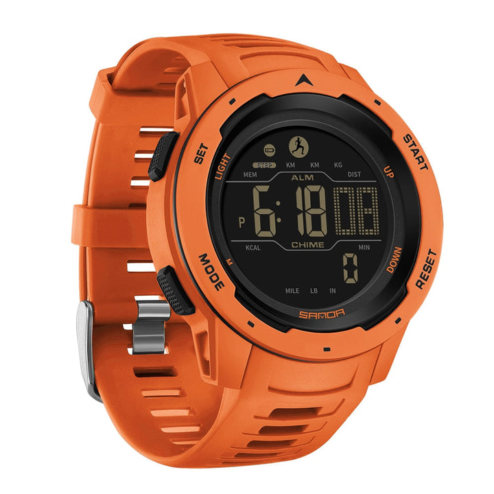 Orange Waterproof Digital Pedometer Watch front view