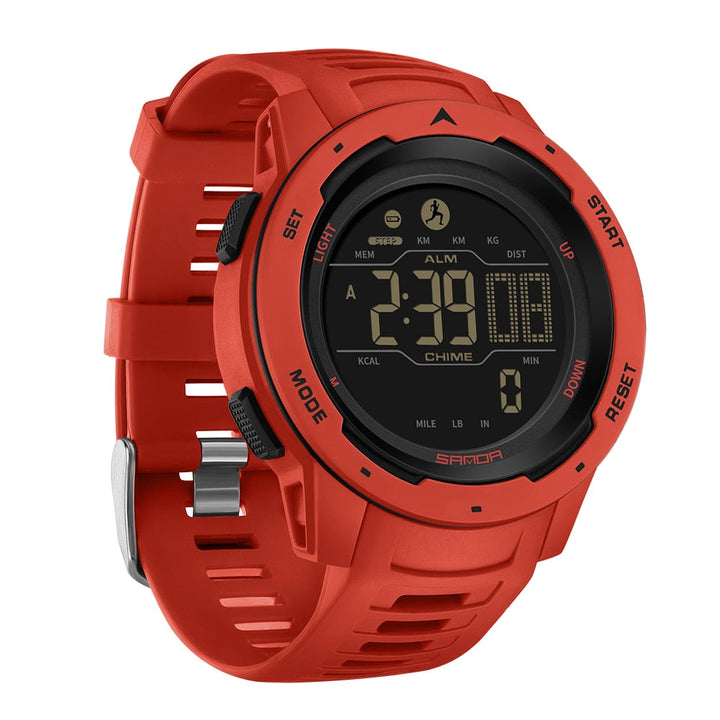 Red Waterproof Digital Pedometer Watch front view