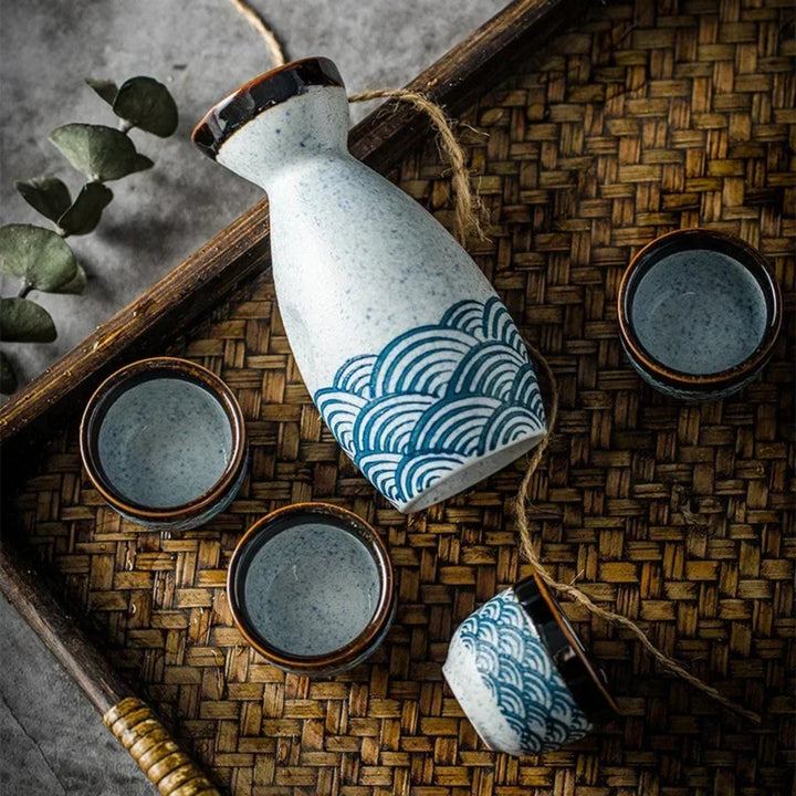 Wave Pattern Ceramic Sake Set top view on woven tray
