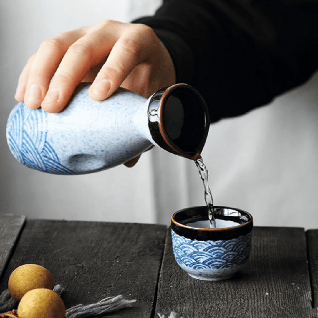 Wave Pattern Ceramic Sake Set pouring into cup