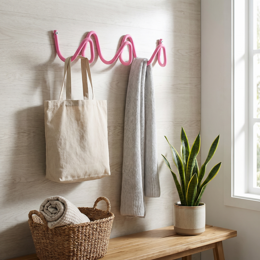 Pink Wavy Iron Wall Coat Hooks in entryway with tote bag