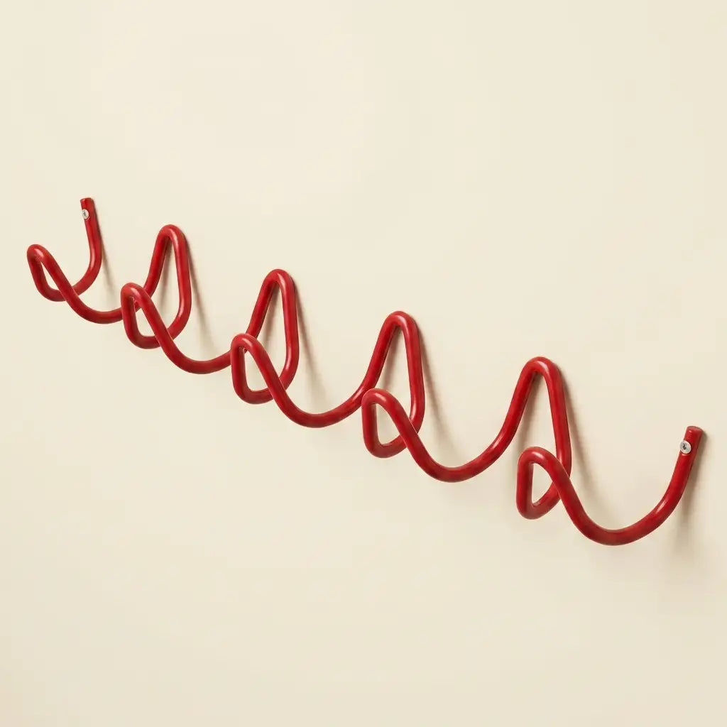 Red Wavy Iron Wall Coat Hooks angled view