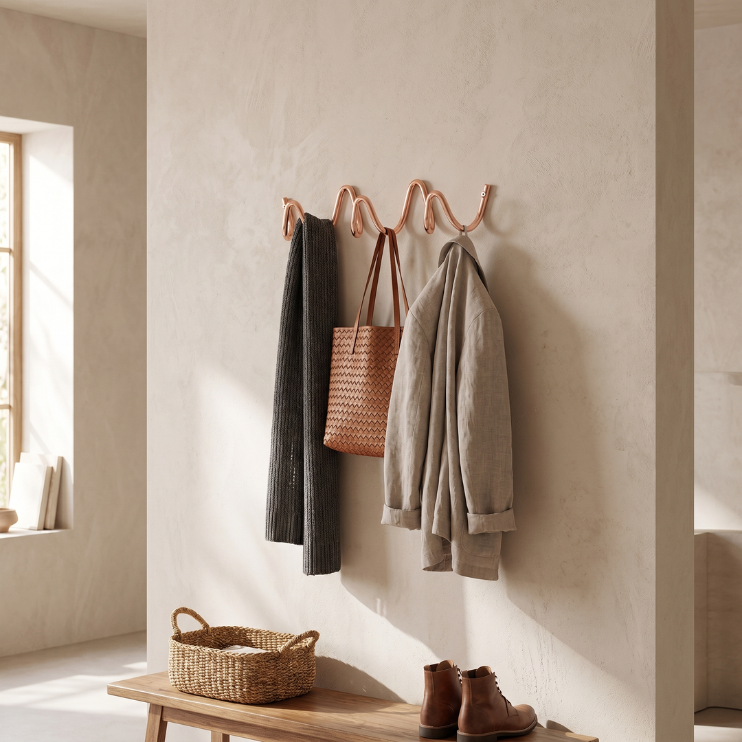 Rose Gold Wavy Iron Wall Coat Hooks in entryway with coats