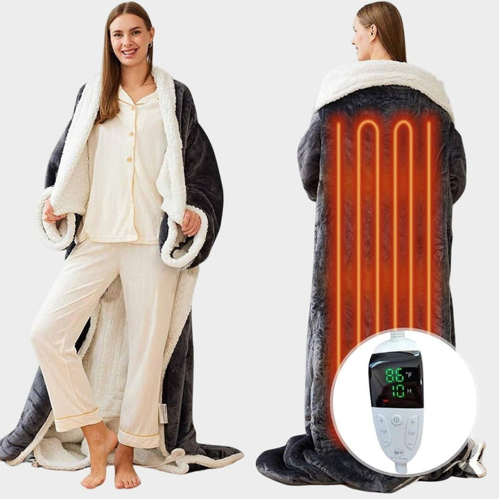 Wearable heated blanket worn open-front with sleeves