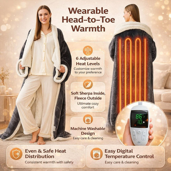 Wearable heated blanket head-to-toe warmth detail