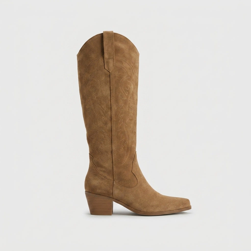 Khaki Western embroidered knee-high boot side view