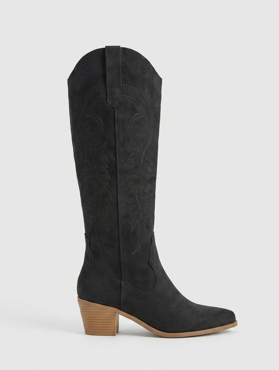 Black Western embroidered knee-high boot side view