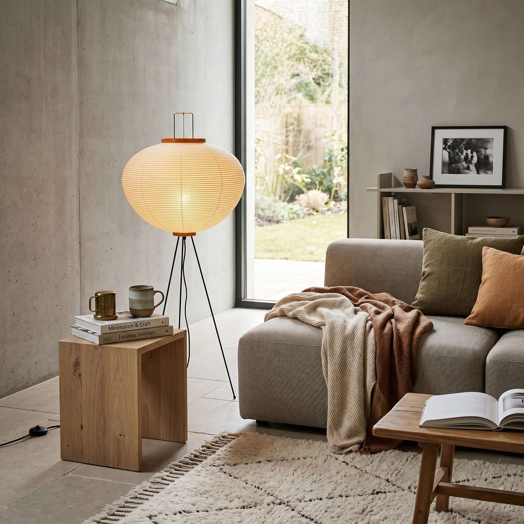White Paper Floor Lamp lit at night
