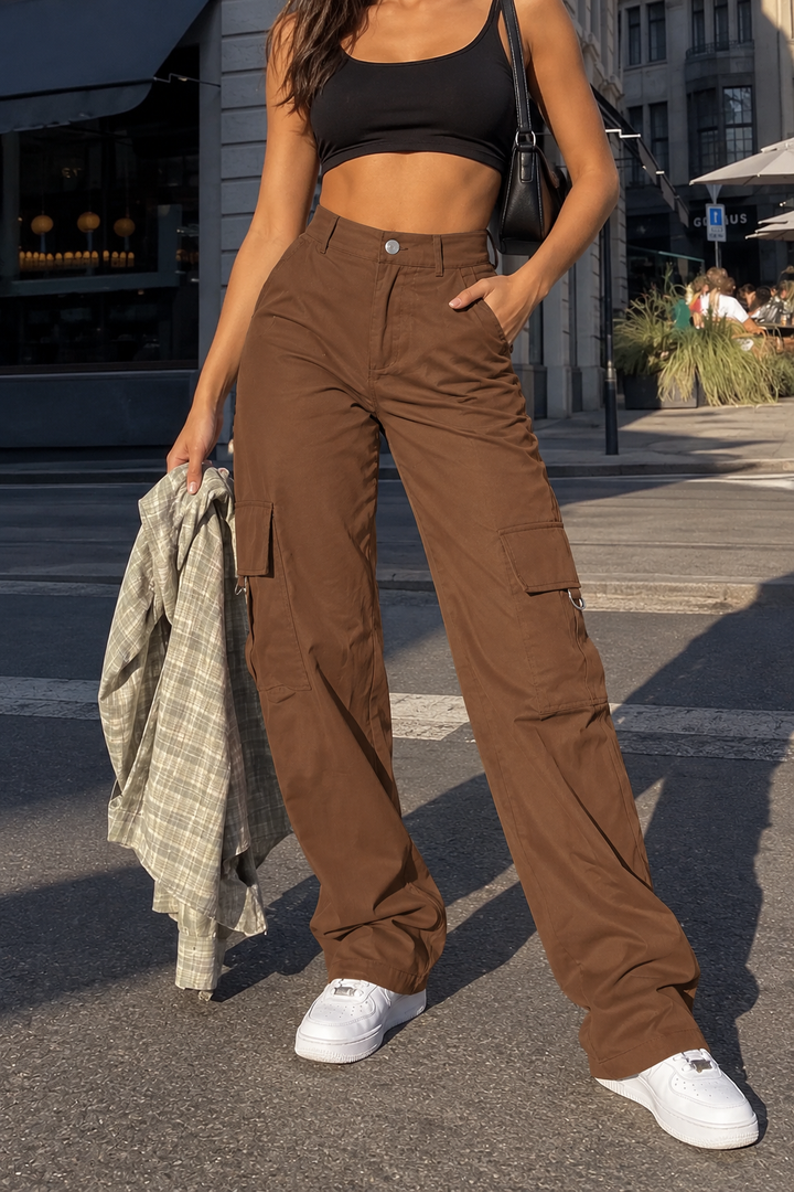 Brown Wide-Leg Cargo Pants front view