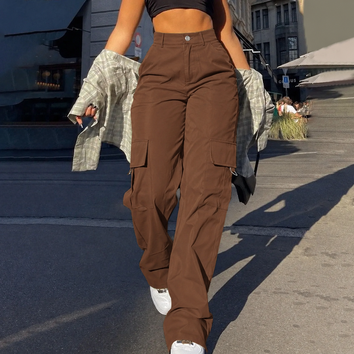 Brown Wide-Leg Cargo Pants street lifestyle view