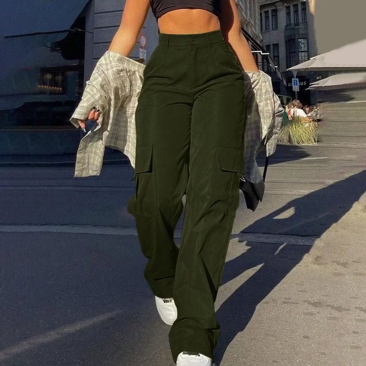 Army Green Wide-Leg Cargo Pants street lifestyle view