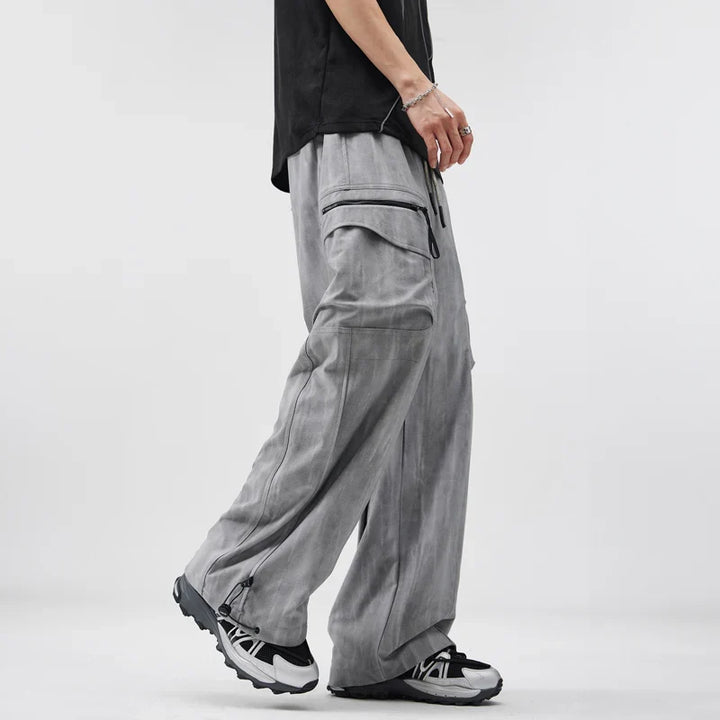 Gray Wide-Leg Cargo Pants worn side view walking