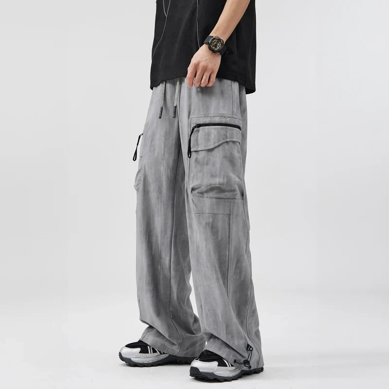 Gray Wide-Leg Cargo Pants worn side view