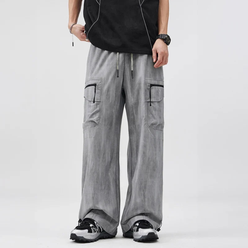 Gray Wide-Leg Cargo Pants worn front view hands in pockets