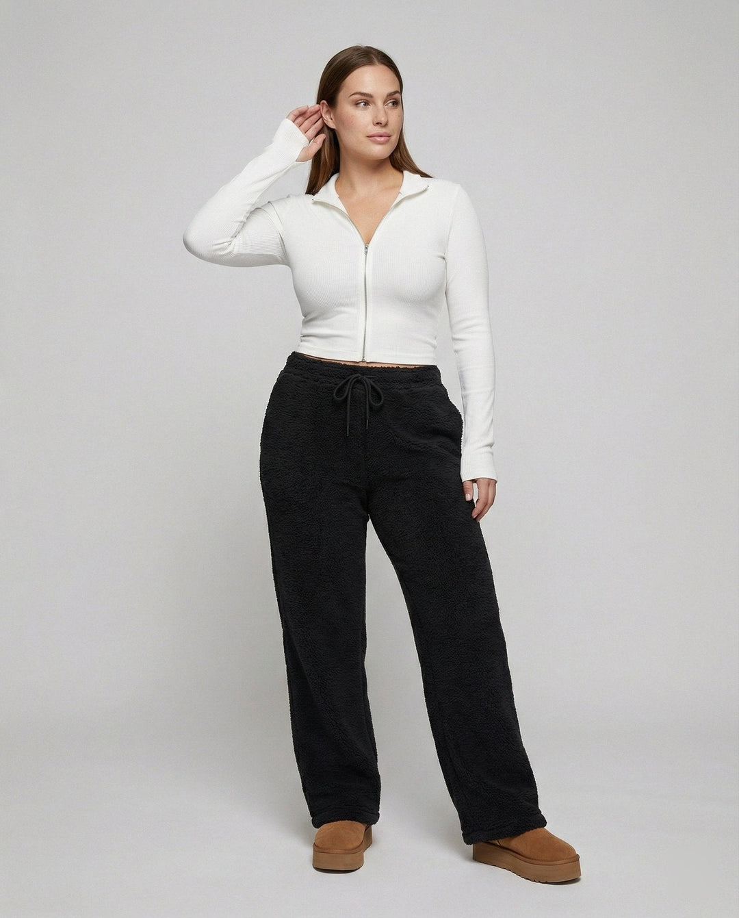 Black Wide-Leg Fleece Pants front view