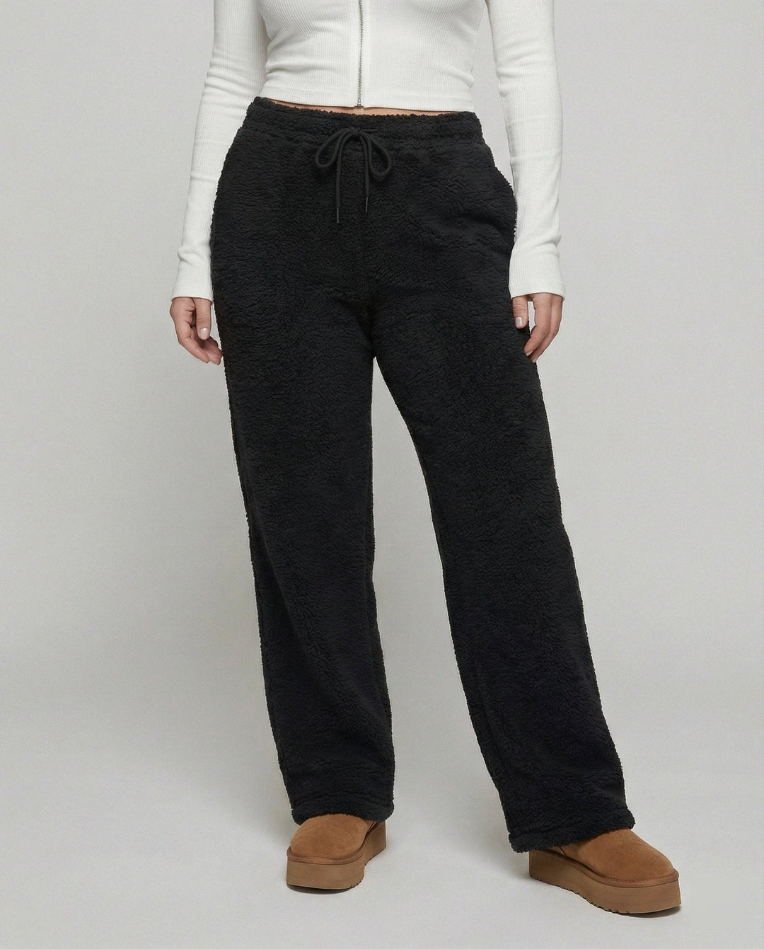 Black Wide-Leg Fleece Pants close front view