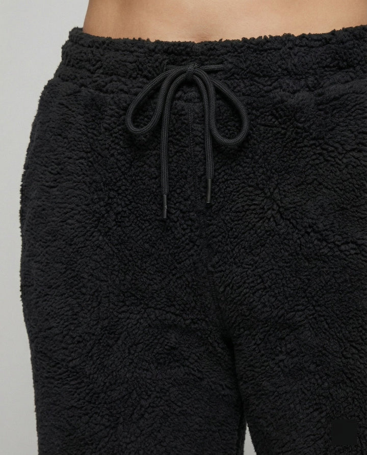 Black Wide-Leg Fleece Pants drawstring waist detail
