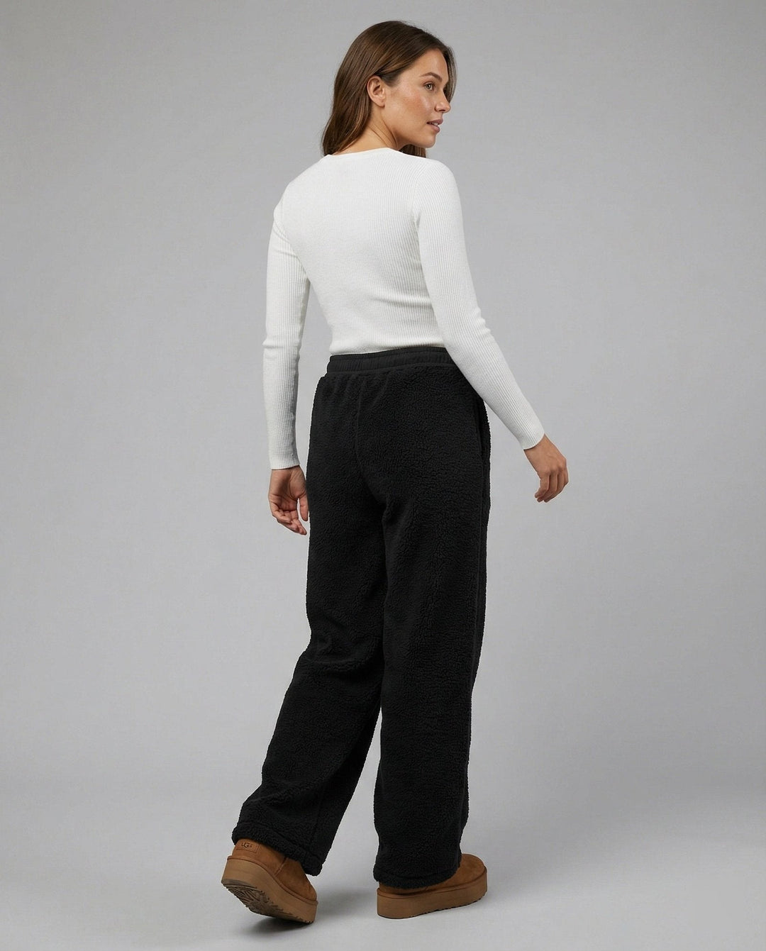 Black Wide-Leg Fleece Pants back view