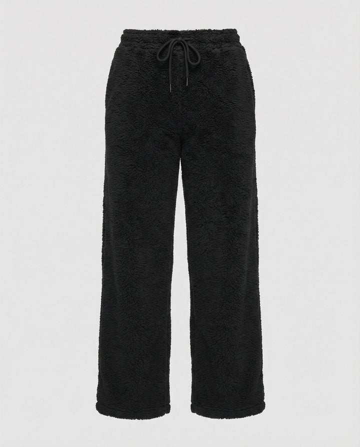 Black Wide-Leg Fleece Pants flat lay front
