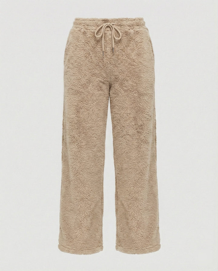 Beige Wide-Leg Fleece Pants flat lay front