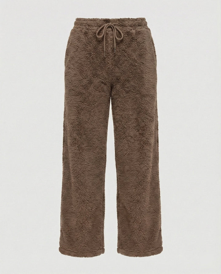 Brown Wide-Leg Fleece Pants flat lay front
