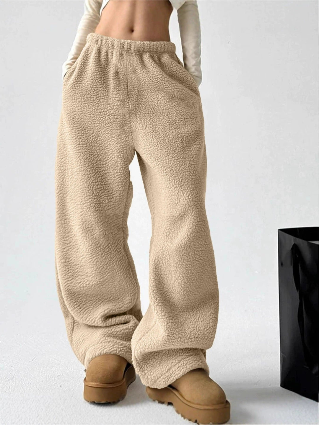 Apricot Wide-Leg Fleece Pants front view