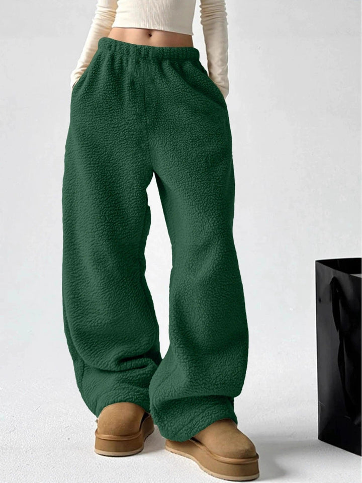 Green Wide-Leg Fleece Pants close front view