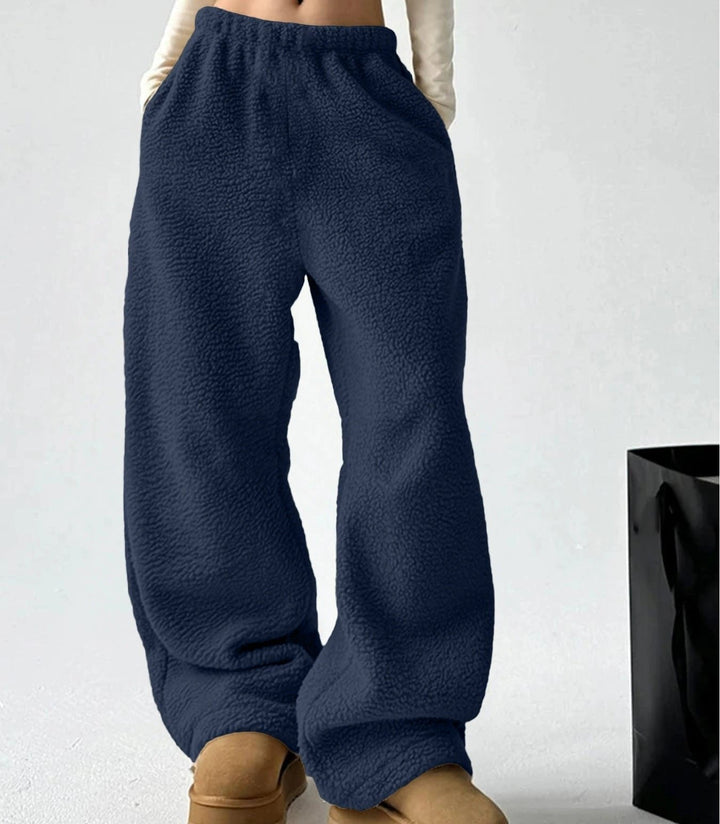 Navy Blue Wide-Leg Fleece Pants angled front view