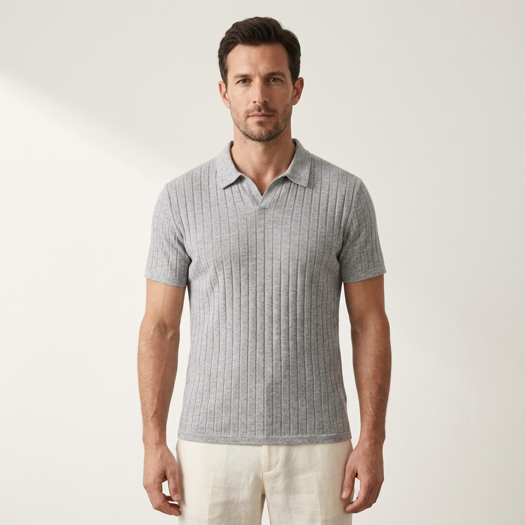 Black Wide-Rib Buttonless Polo front view