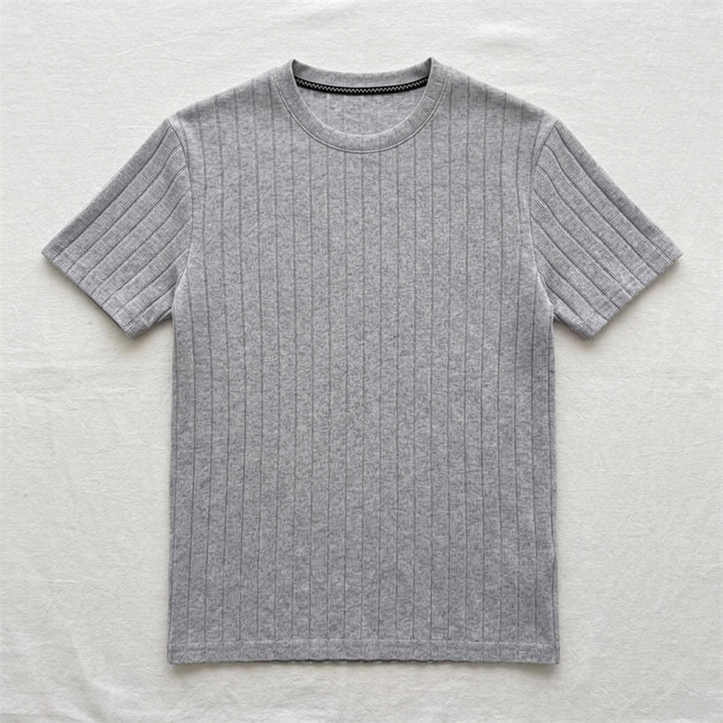 Grey Wide-Rib Knit Crew-Neck T-Shirt flat lay front view