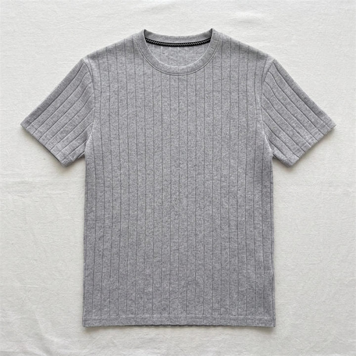 Grey Wide-Rib Knit Crew-Neck T-Shirt flat lay front view