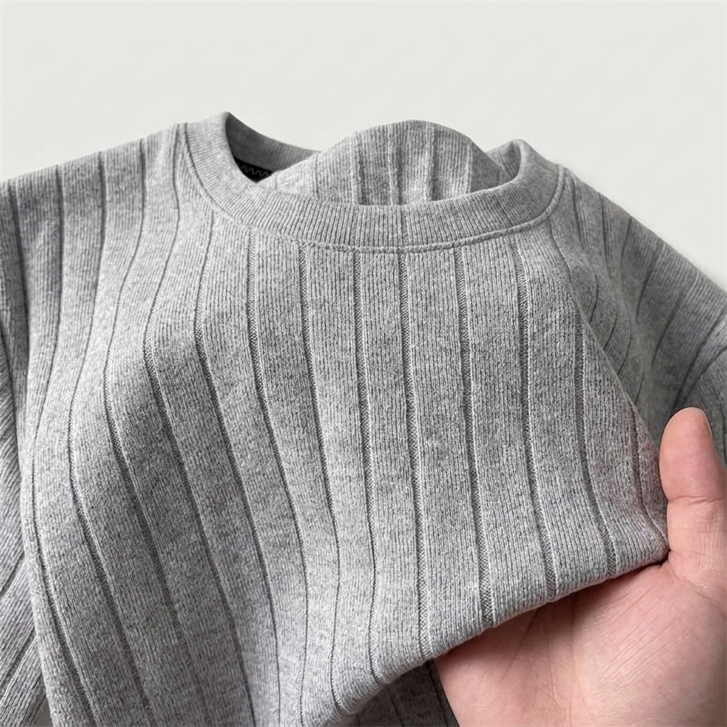Grey Wide-Rib Knit Crew-Neck T-Shirt rib texture detail