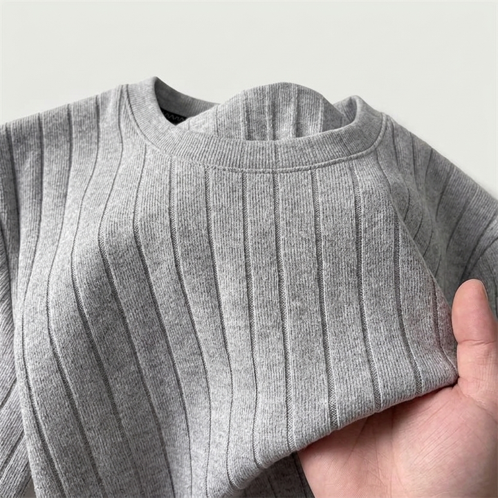 Grey Wide-Rib Knit Crew-Neck T-Shirt rib texture detail