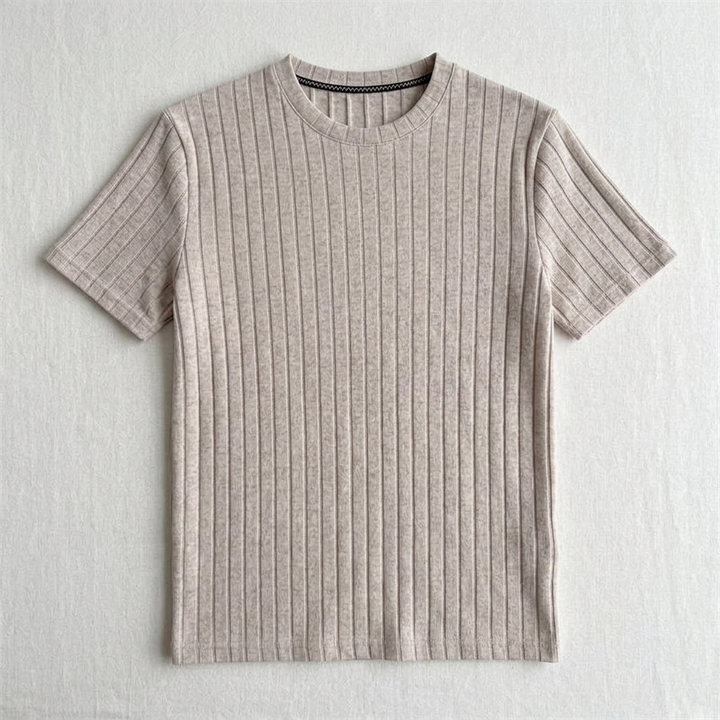 Beige Wide-Rib Knit Crew-Neck T-Shirt flat lay front view