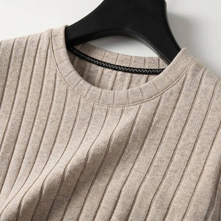 Beige Wide-Rib Knit Crew-Neck T-Shirt collar detail