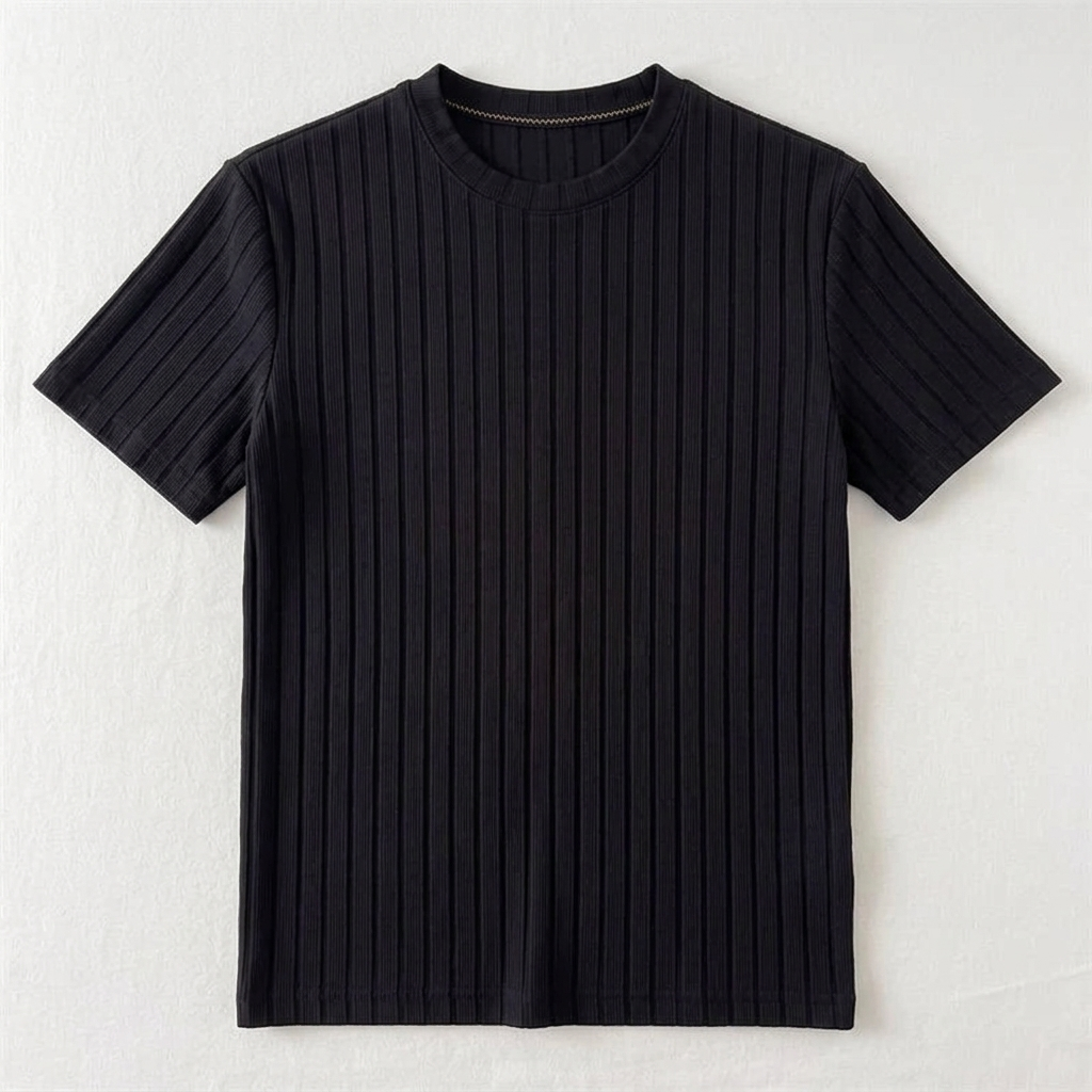 Black Wide-Rib Knit Crew-Neck T-Shirt flat lay front view