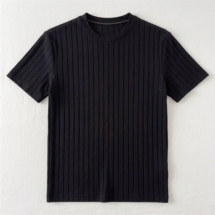 Black Wide-Rib Knit Crew-Neck T-Shirt flat lay front view