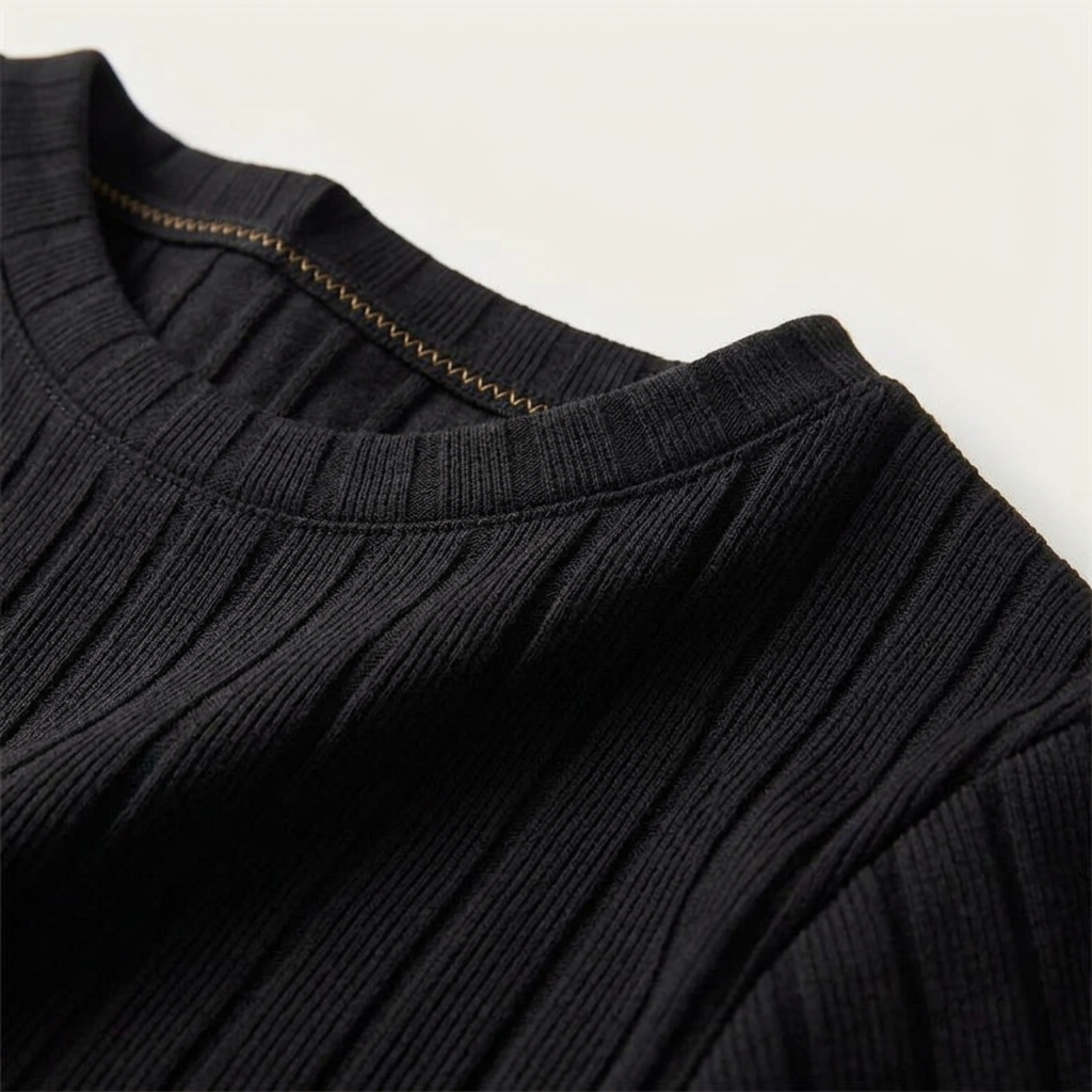 Black Wide-Rib Knit Crew-Neck T-Shirt collar detail