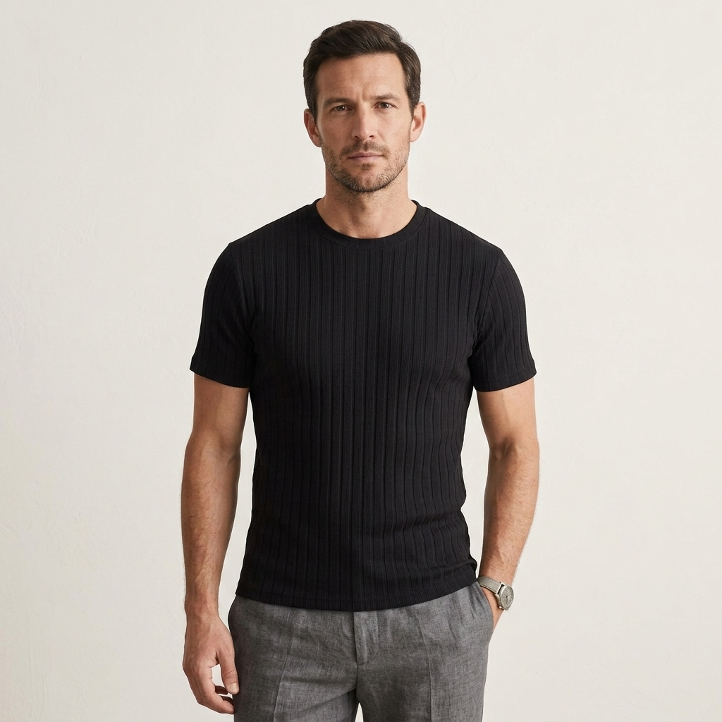 Black Wide-Rib Knit Crew-Neck T-Shirt worn front view