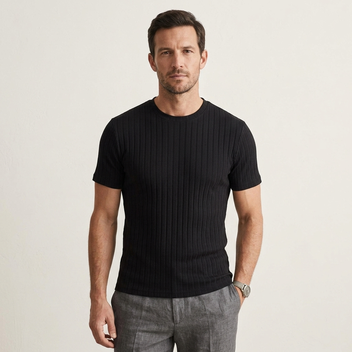 Black Wide-Rib Knit Crew-Neck T-Shirt worn front view