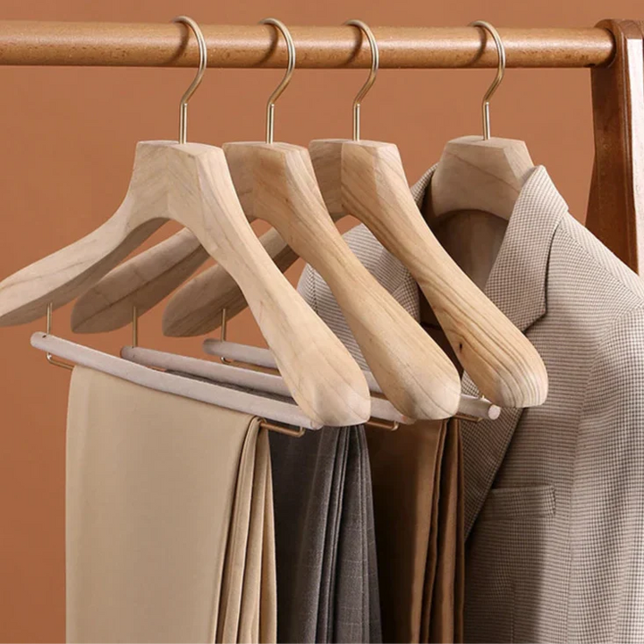 Camphor Wood Hangers holding suit and trousers